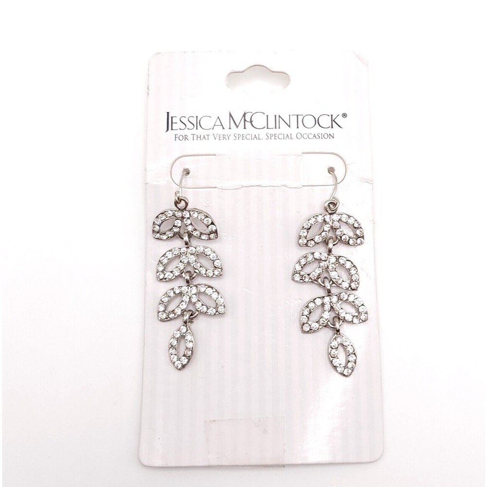 Jessica McClintock Laurel Leaf Earrings Silver Rhinestone Drop - Picture 6 of 6